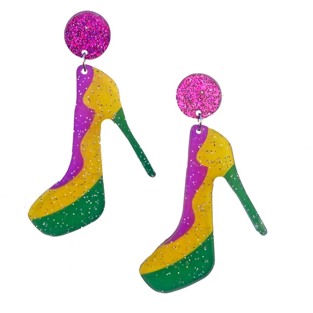 Mardi Gras Glitter High Heel Dangle Earrings